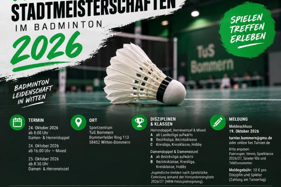 🏸 8. Offene Wittener Stadtmeisterschaften 2026 – seid dabei! 💚🖤🤍